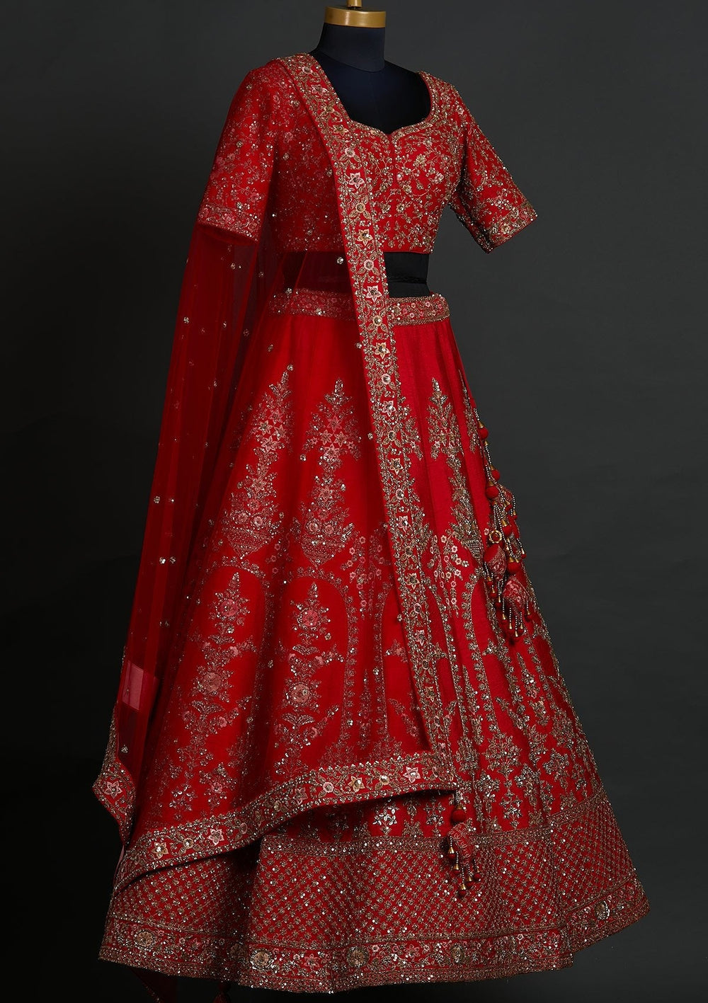 Red Sequins Raw Silk Designer Lehenga - koskii