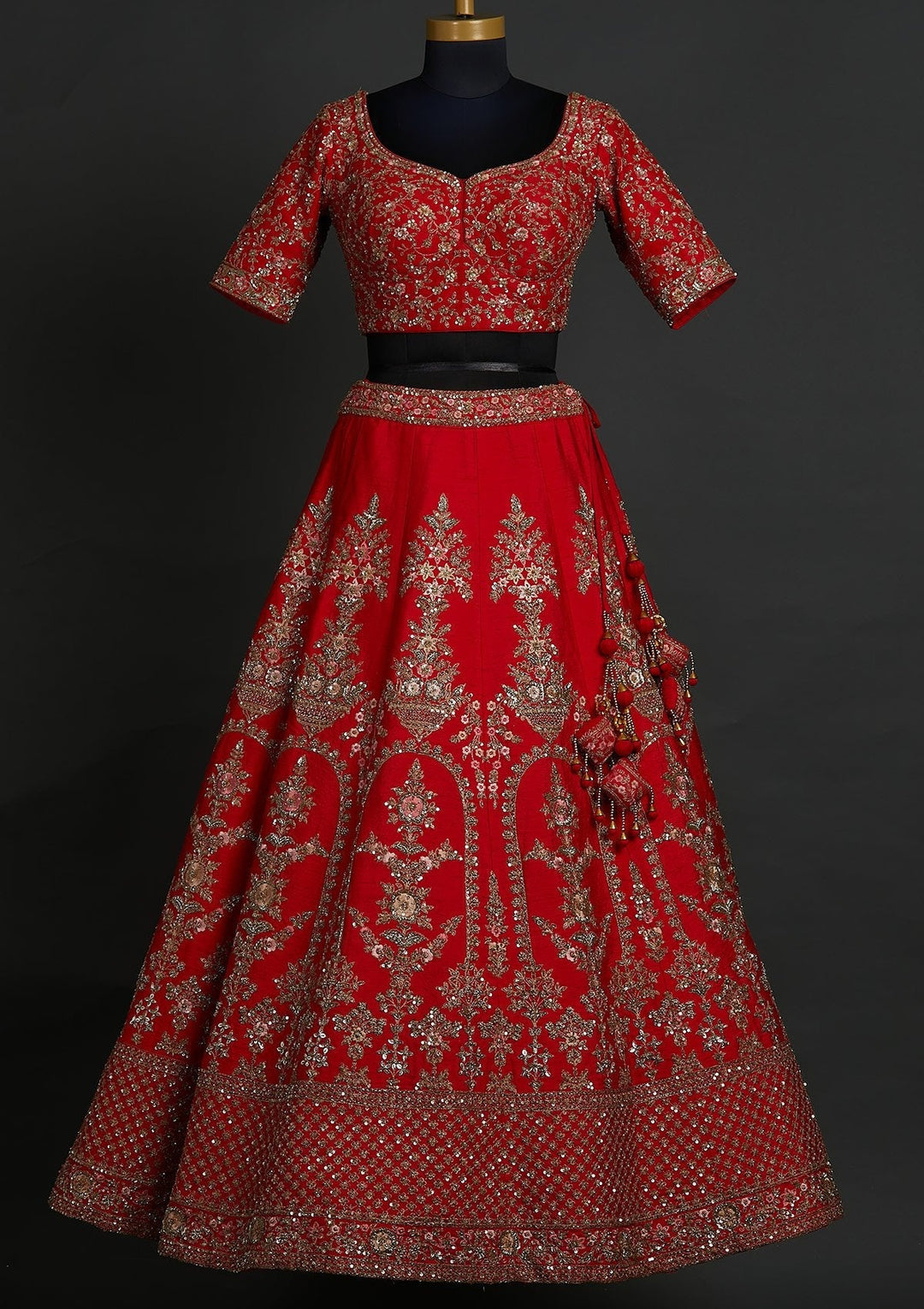 Red Sequins Raw Silk Designer Lehenga - koskii