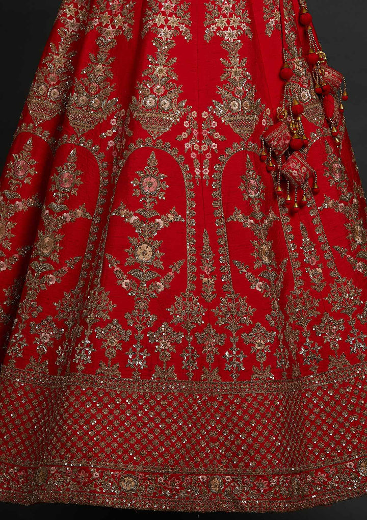 Red Sequins Raw Silk Designer Lehenga - koskii