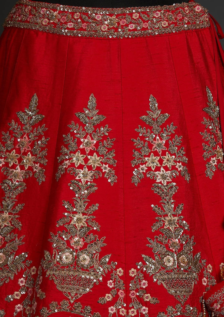 Red Sequins Raw Silk Designer Lehenga - koskii