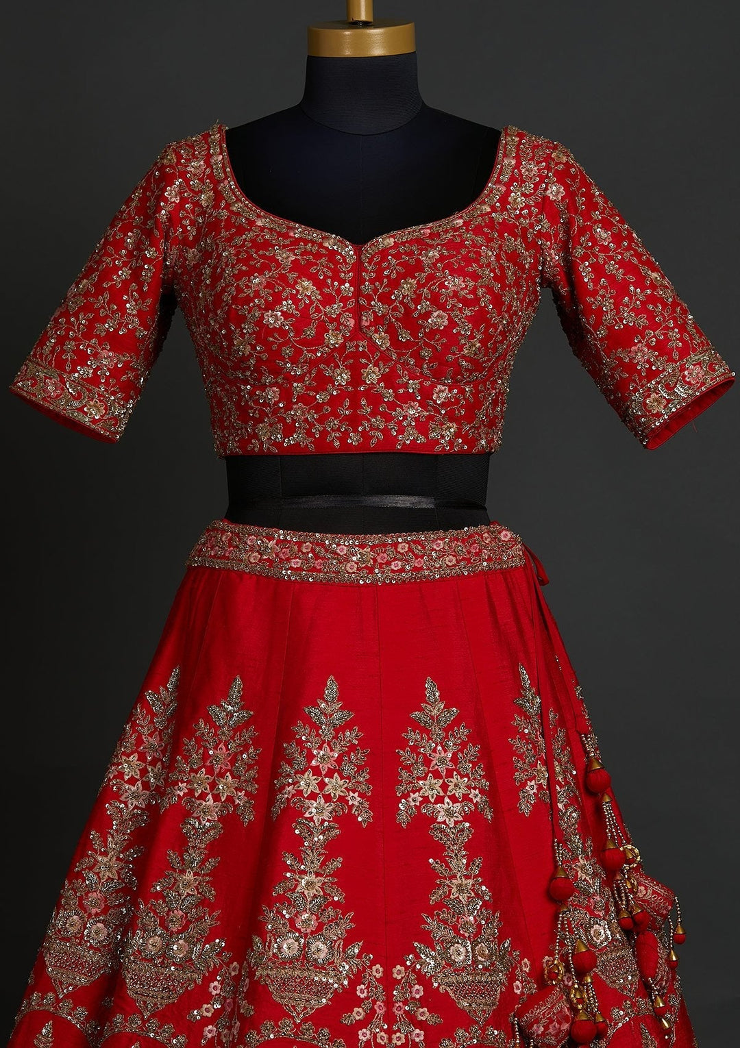 Red Sequins Raw Silk Designer Lehenga - koskii