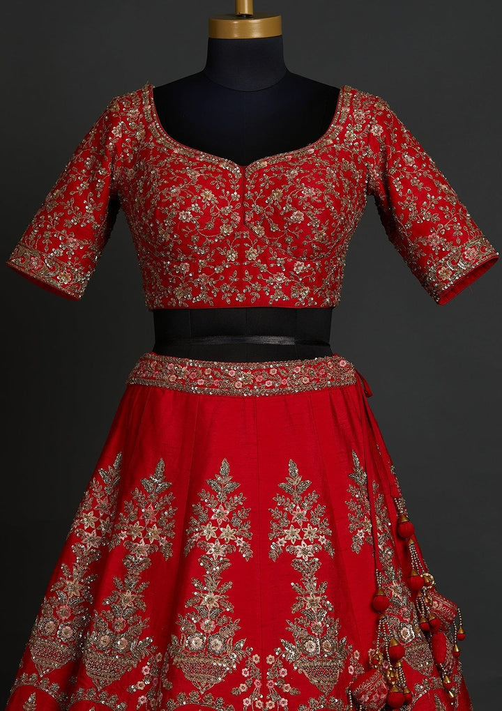 Red Sequins Raw Silk Designer Lehenga - koskii
