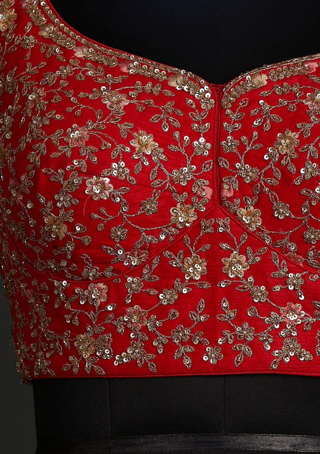 Red Sequins Raw Silk Designer Lehenga - koskii