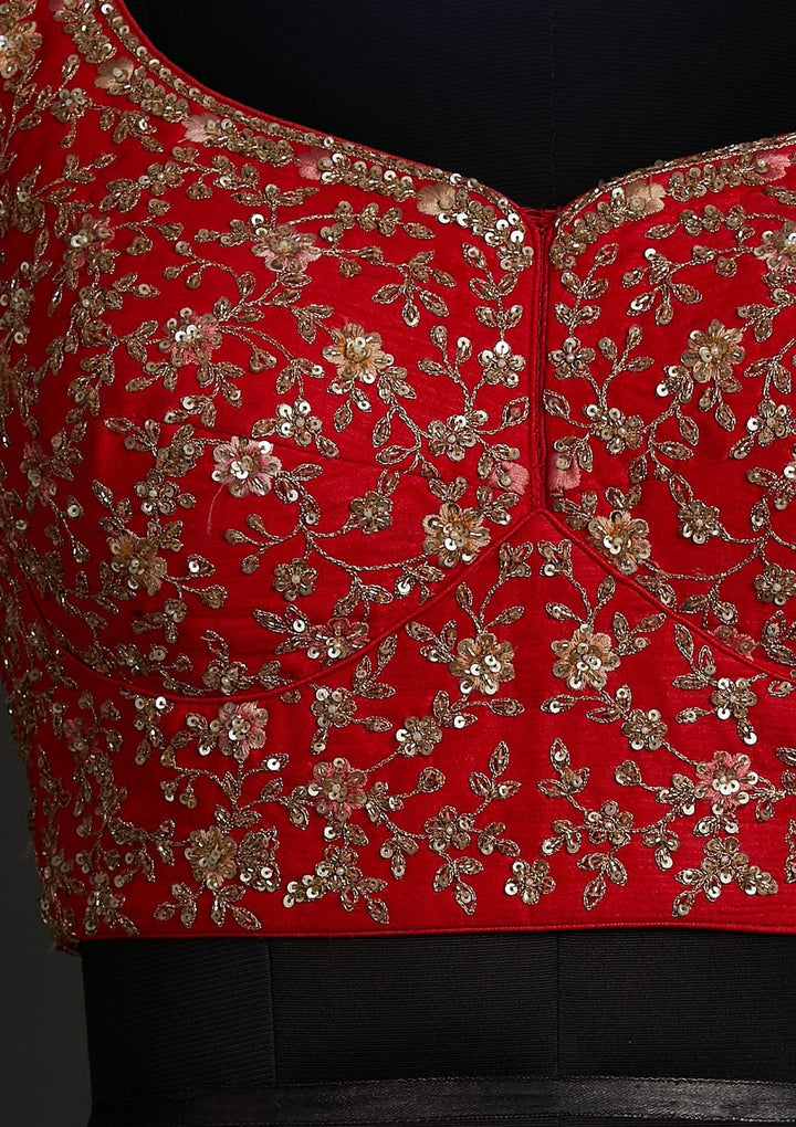 Red Sequins Raw Silk Designer Lehenga - koskii