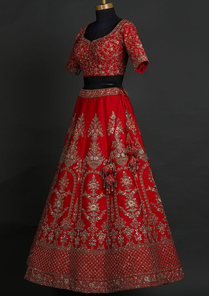 Red Sequins Raw Silk Designer Lehenga - koskii