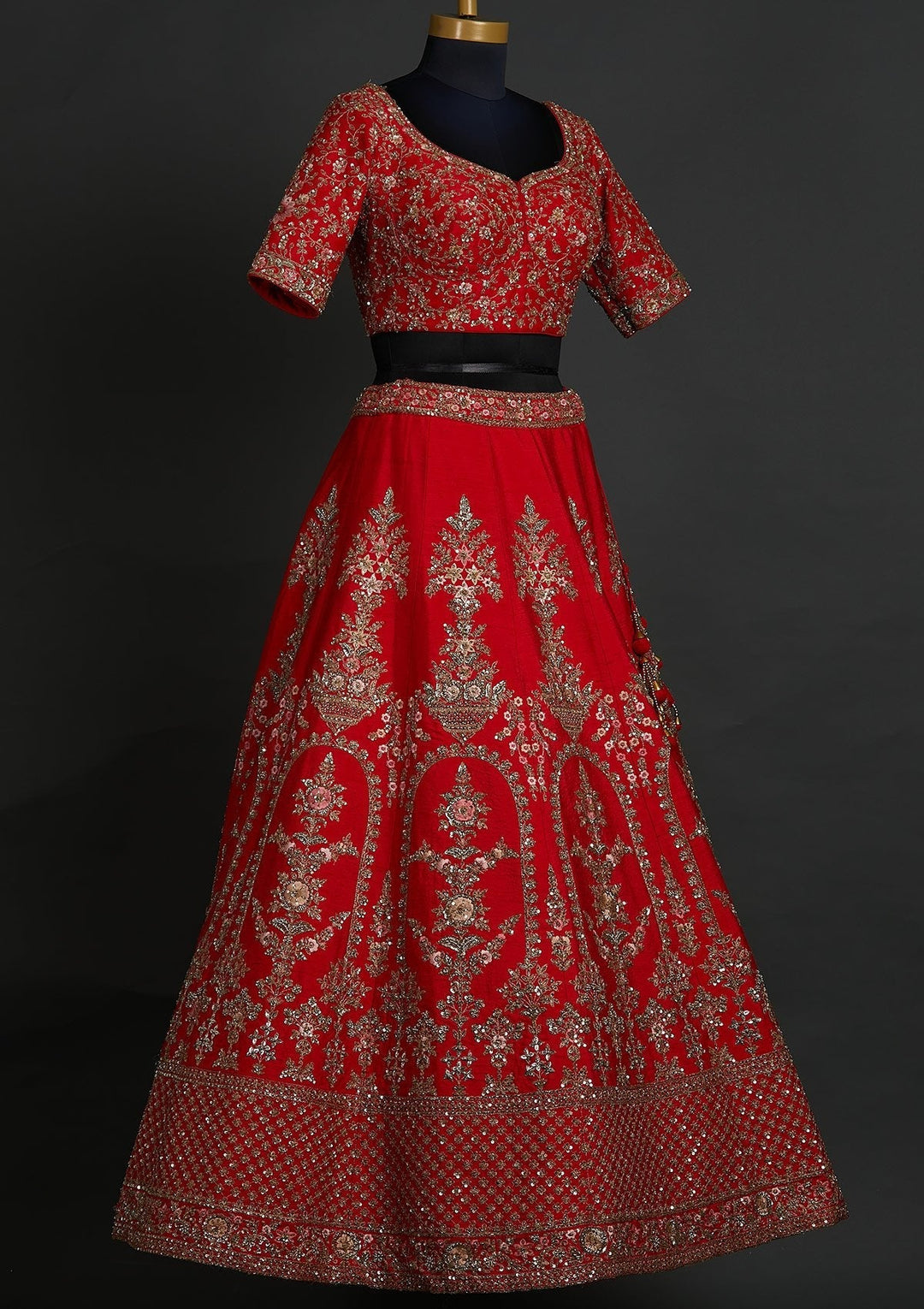 Red Sequins Raw Silk Designer Lehenga - koskii