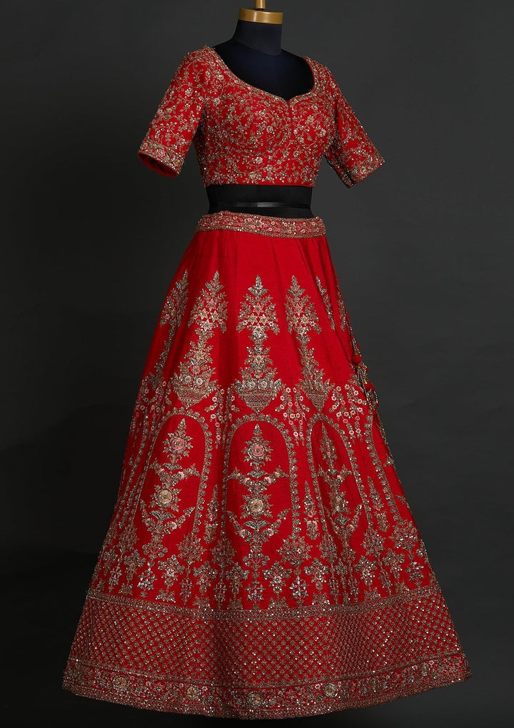 Red Sequins Raw Silk Designer Lehenga - koskii