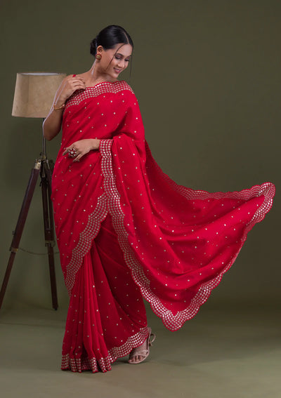 Red Sequins Raw-Silk Saree-Koskii