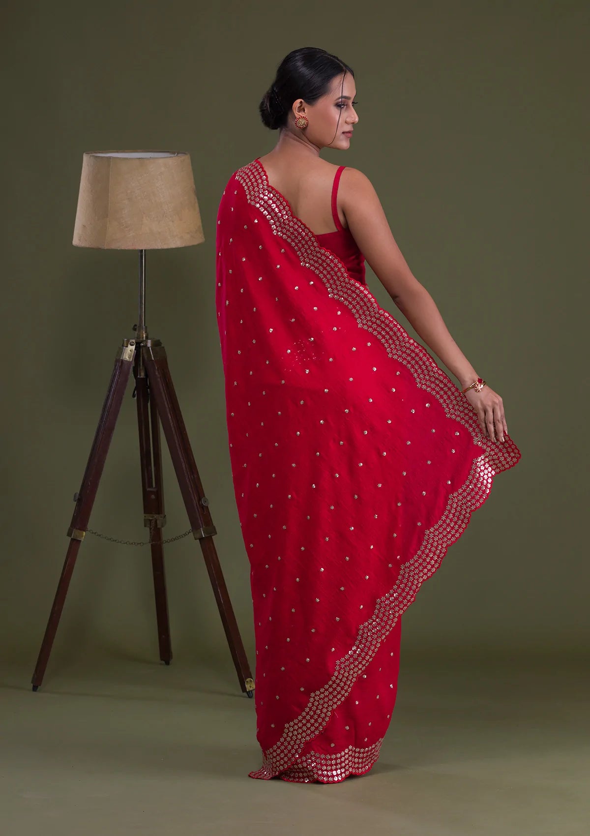 Red Sequins Raw-Silk Saree-Koskii