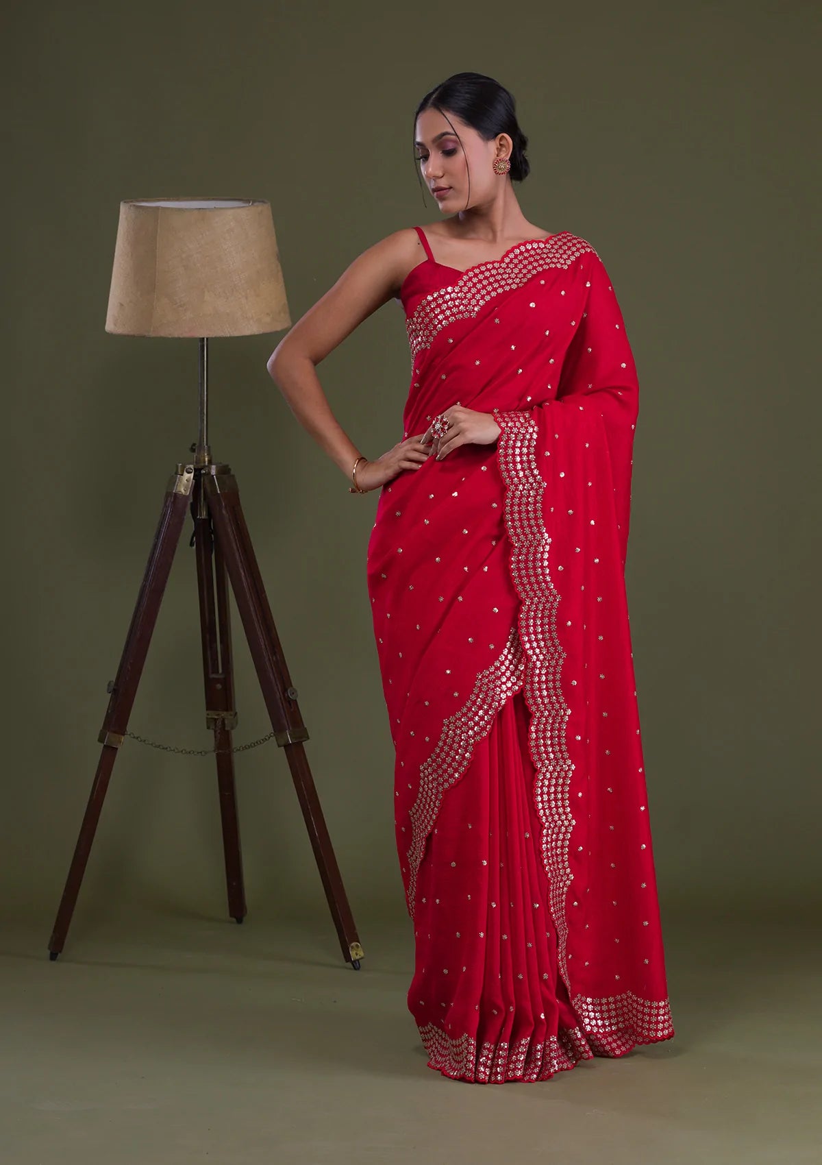 Red Sequins Raw-Silk Saree-Koskii