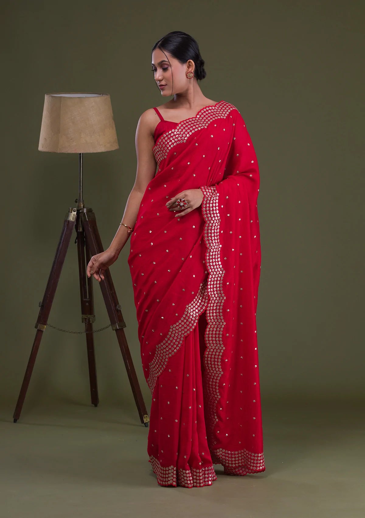 Red Sequins Raw-Silk Saree-Koskii