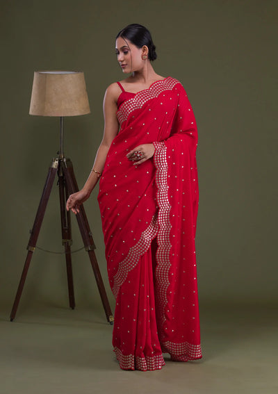 Red Sequins Raw-Silk Saree-Koskii