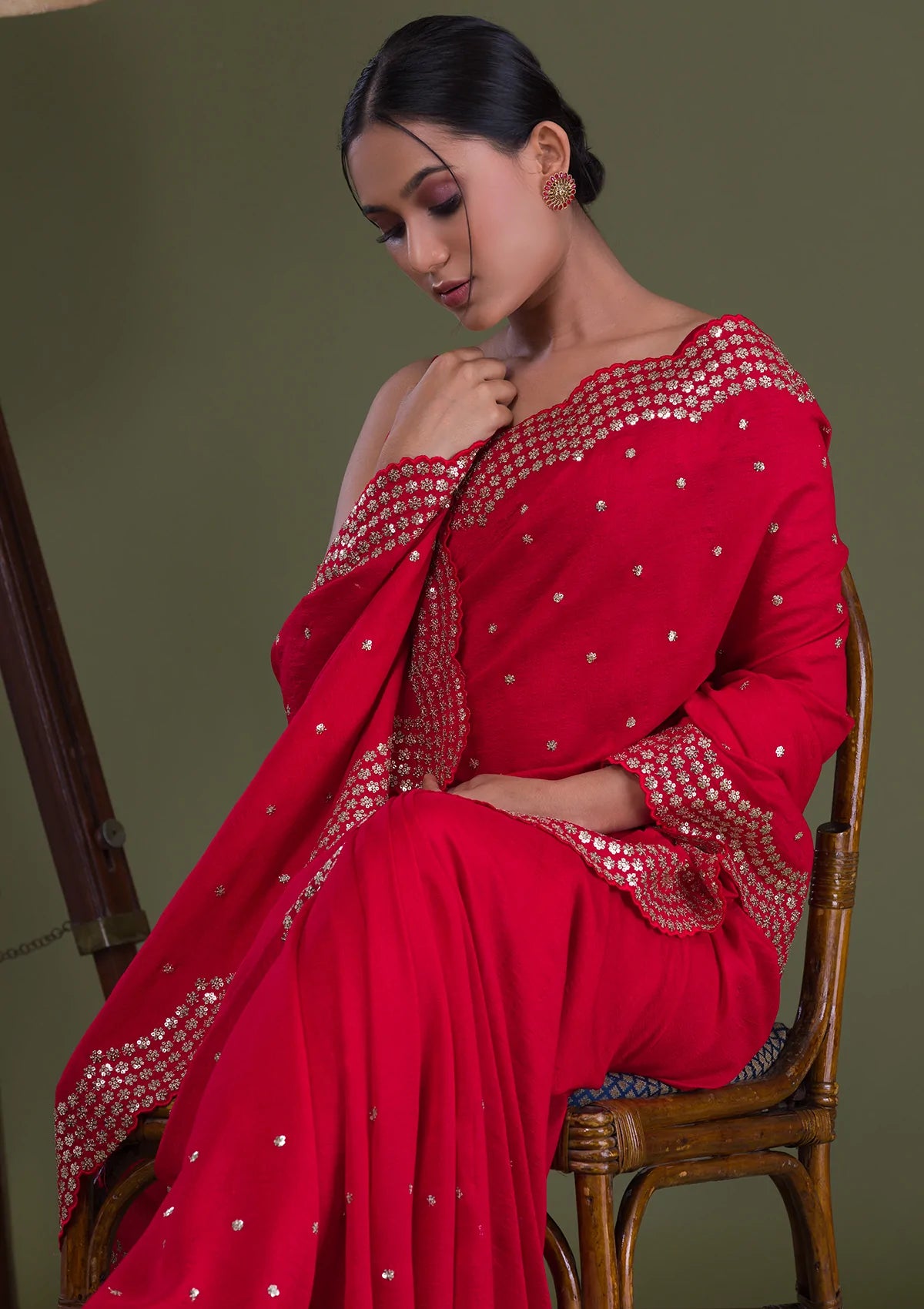 Red Sequins Raw-Silk Saree-Koskii