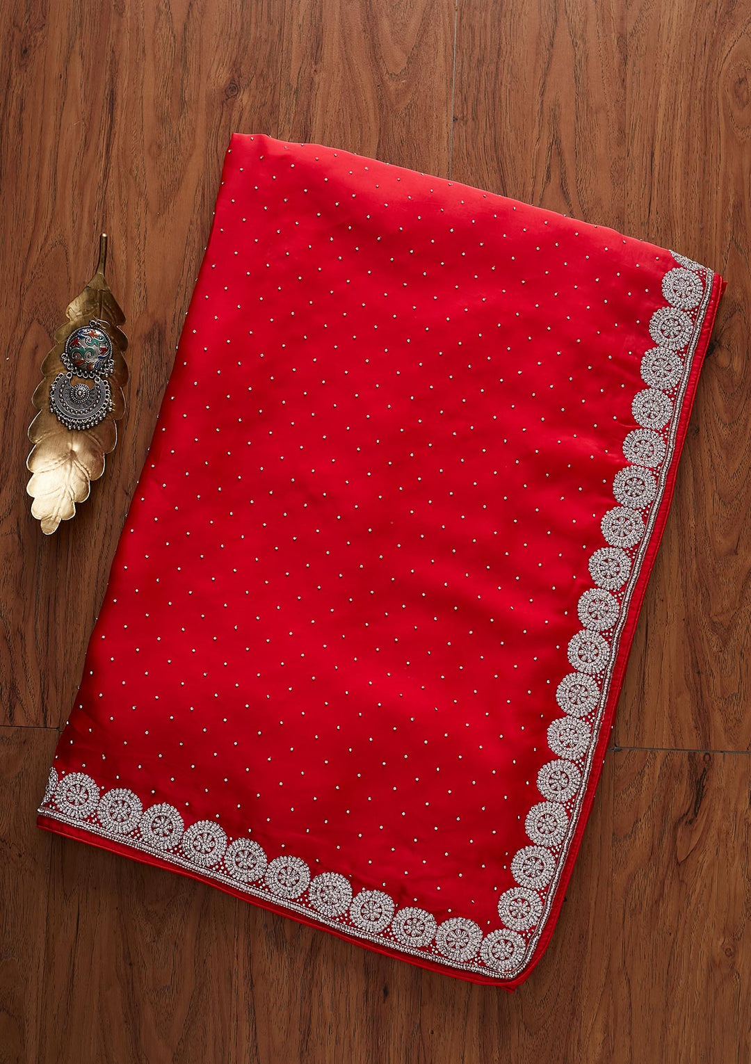 Red Silver Stonework Satin Designer Saree - koskii