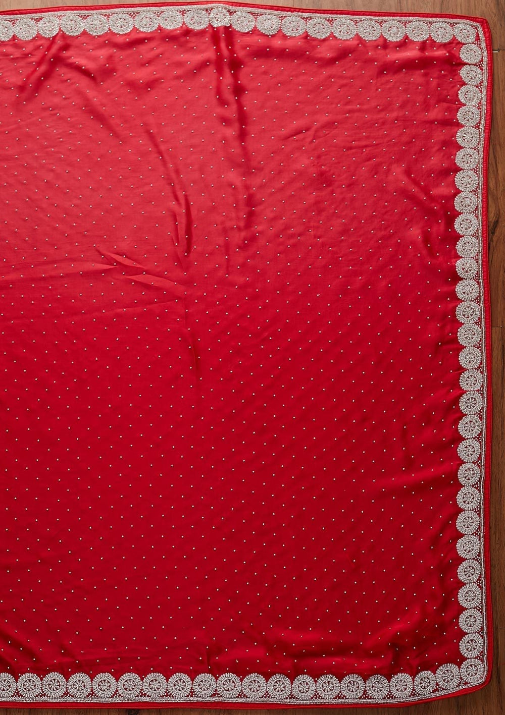 Red Silver Stonework Satin Designer Saree - koskii