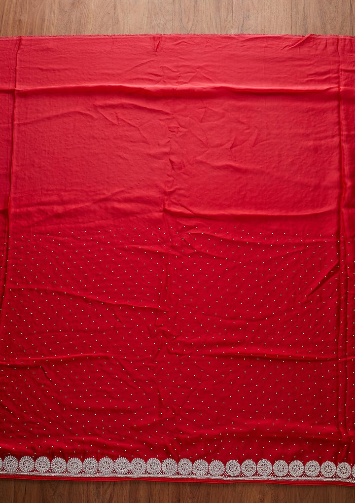 Red Silver Stonework Satin Designer Saree - koskii
