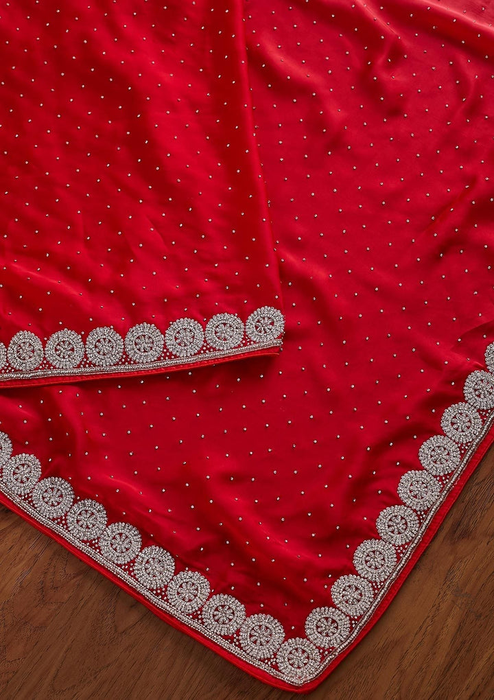 Red Silver Stonework Satin Designer Saree - koskii