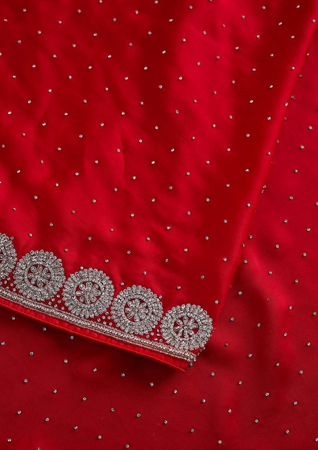 Red Silver Stonework Satin Designer Saree - koskii
