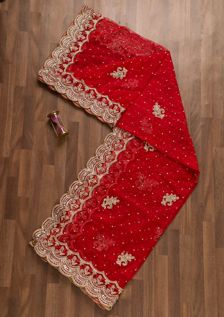 Red Stonework Net Dupatta-Koskii