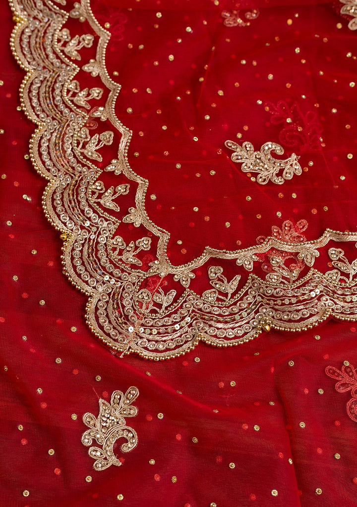 Red Stonework Net Dupatta-Koskii