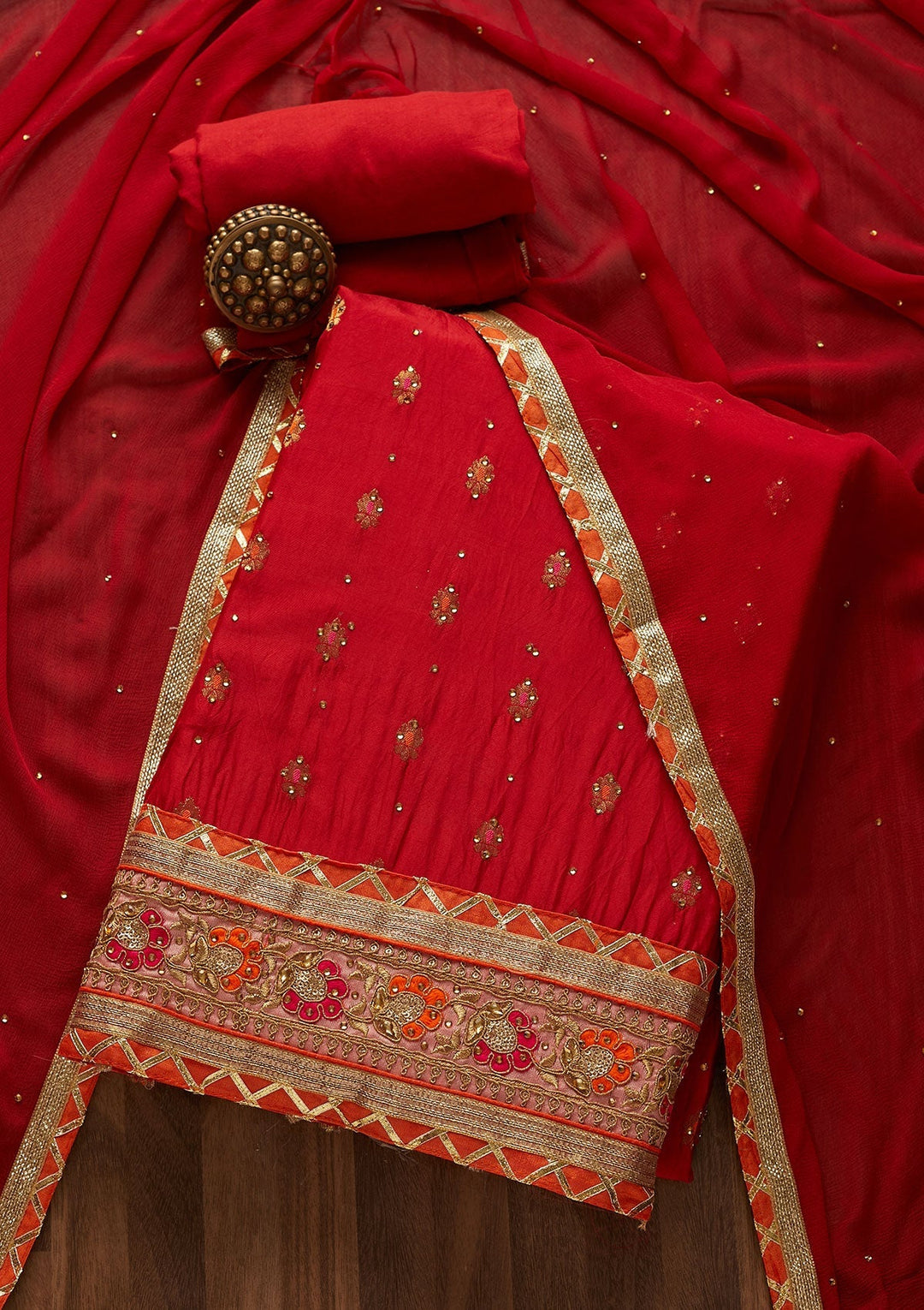 Red Stonework Art Silk Designer Unstitched Salwar Suit - Koskii