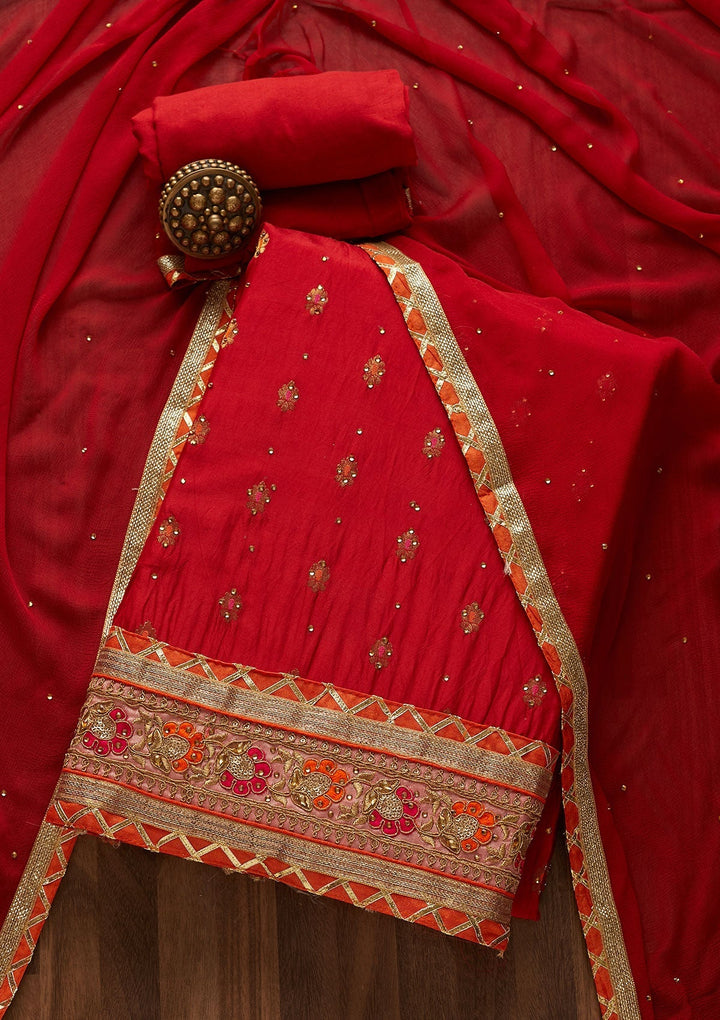 Red Stonework Art Silk Designer Unstitched Salwar Suit - Koskii