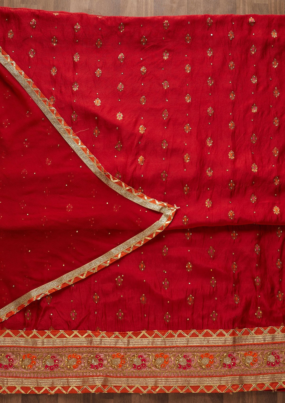 Red Stonework Art Silk Designer Unstitched Salwar Suit - Koskii
