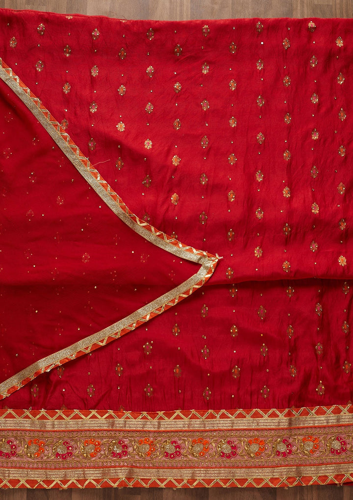 Red Stonework Art Silk Designer Unstitched Salwar Suit - Koskii