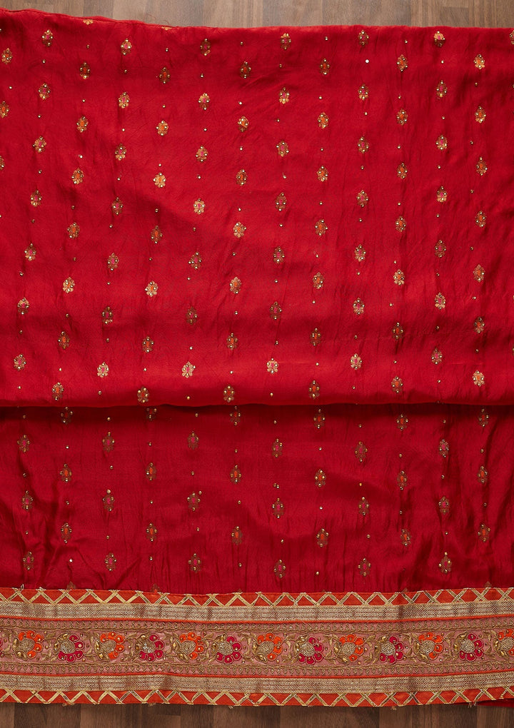 Red Stonework Art Silk Designer Unstitched Salwar Suit - Koskii