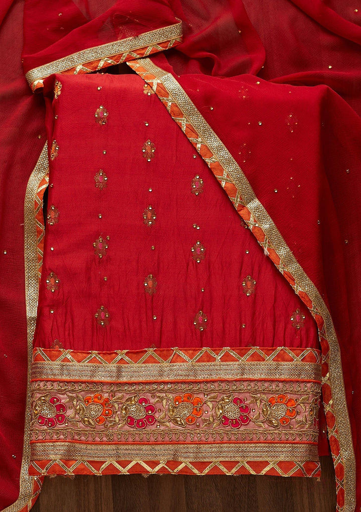 Red Stonework Art Silk Designer Unstitched Salwar Suit - Koskii