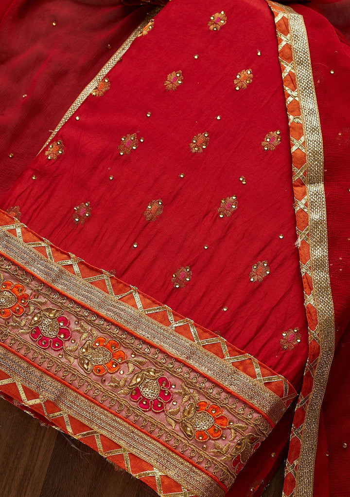 Red Stonework Art Silk Designer Unstitched Salwar Suit - Koskii