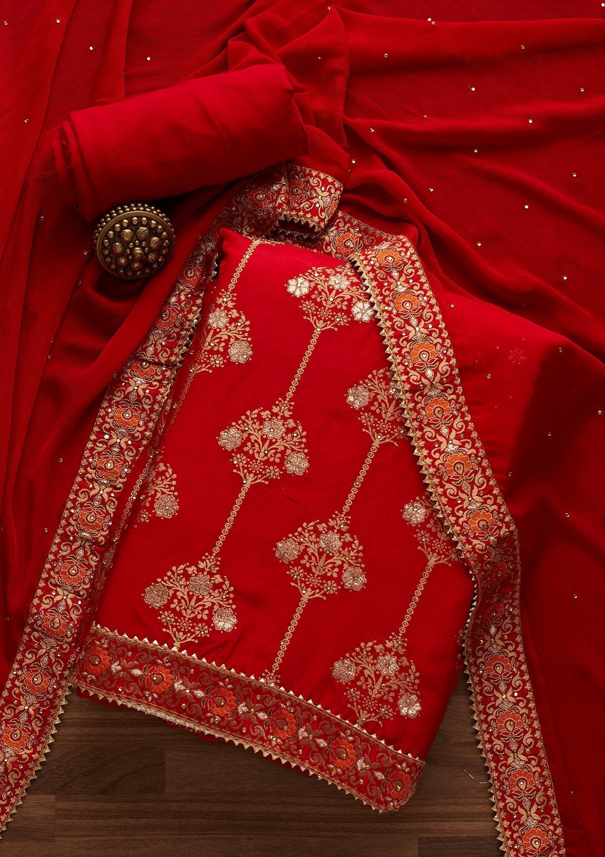 Red Stonework Chanderi Designer Unstitched Salwar Suit - Koskii