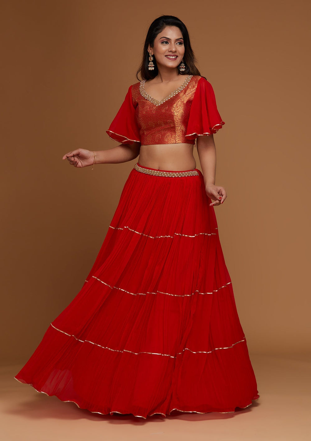 Red Stonework Georgette Designer Lehenga - Koskii