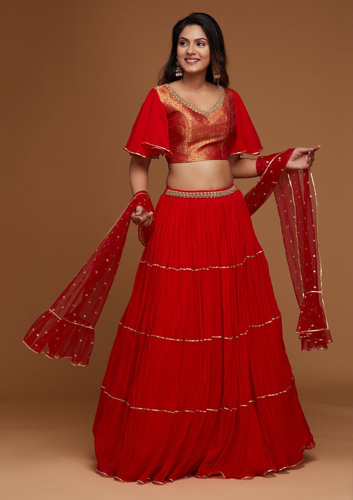 Red Stonework Georgette Designer Lehenga - Koskii