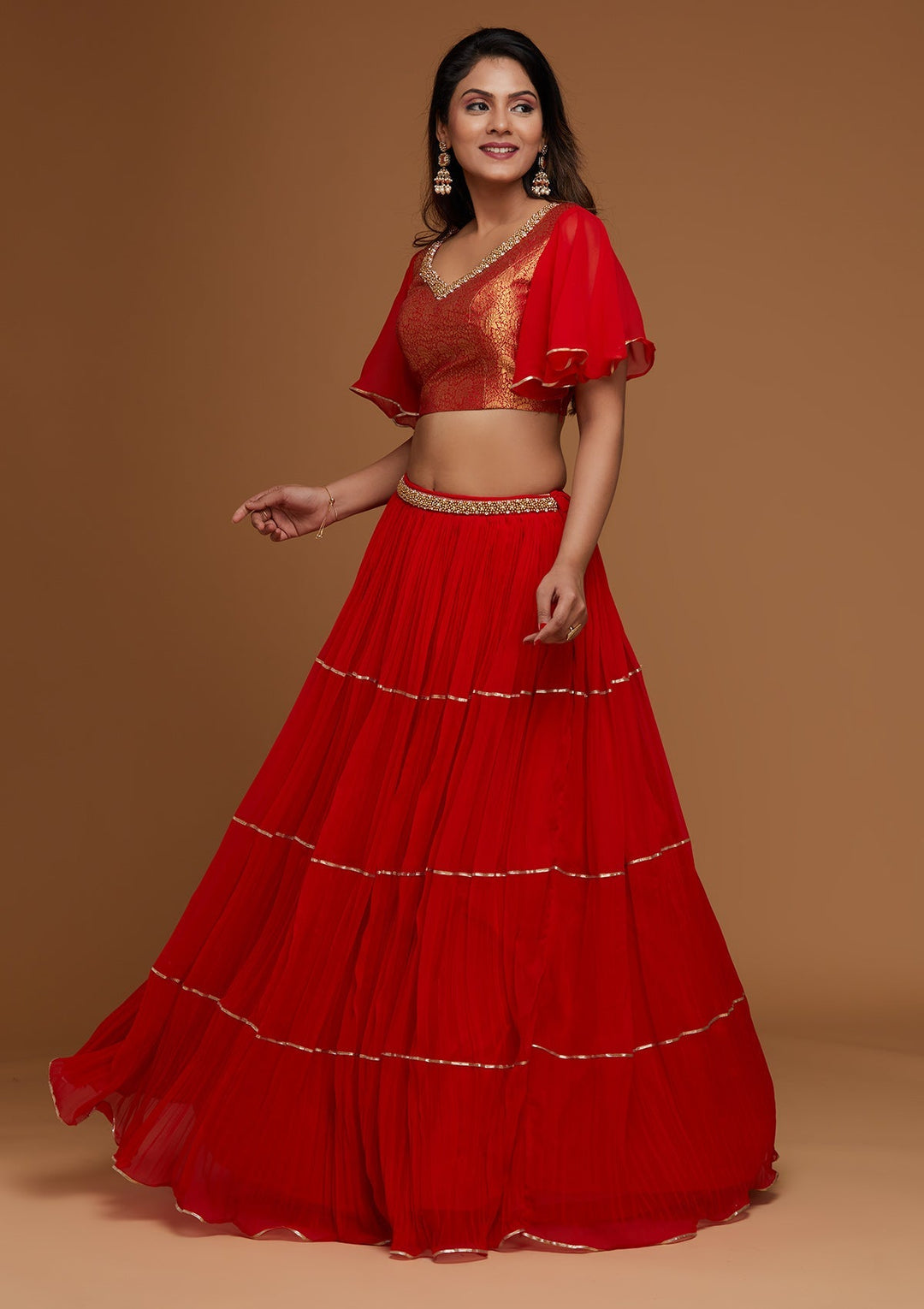 Red Stonework Georgette Designer Lehenga - Koskii