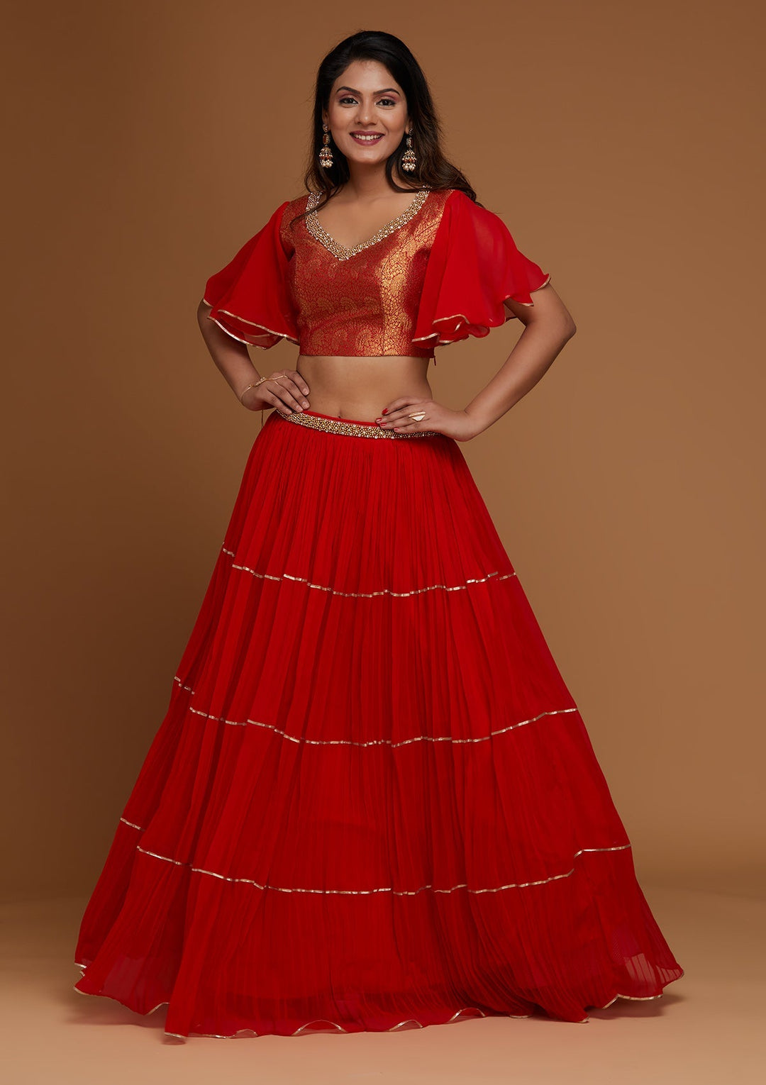 Red Stonework Georgette Designer Lehenga - Koskii