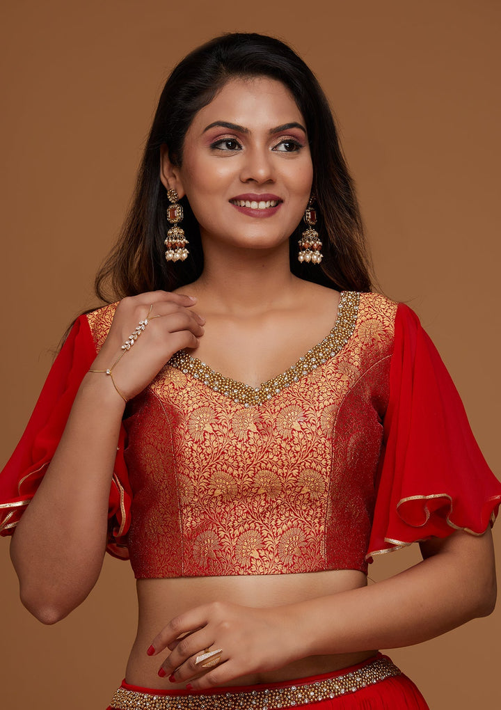 Red Stonework Georgette Designer Lehenga - Koskii