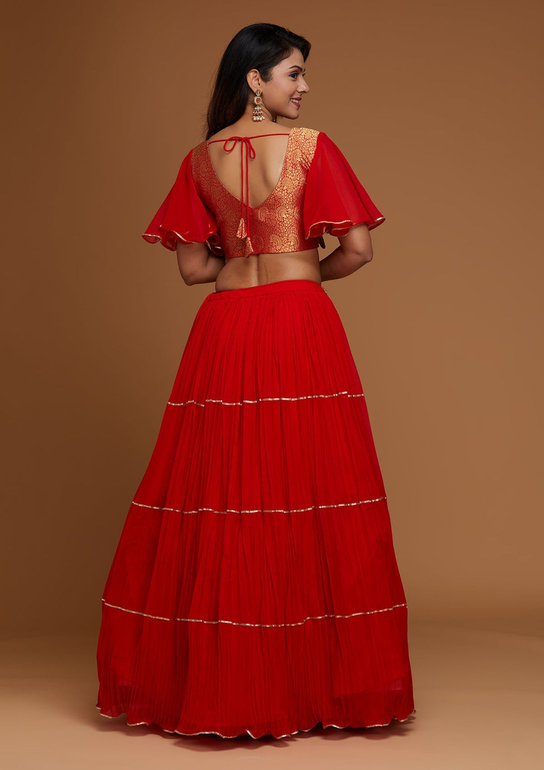 Red Stonework Georgette Designer Lehenga - Koskii