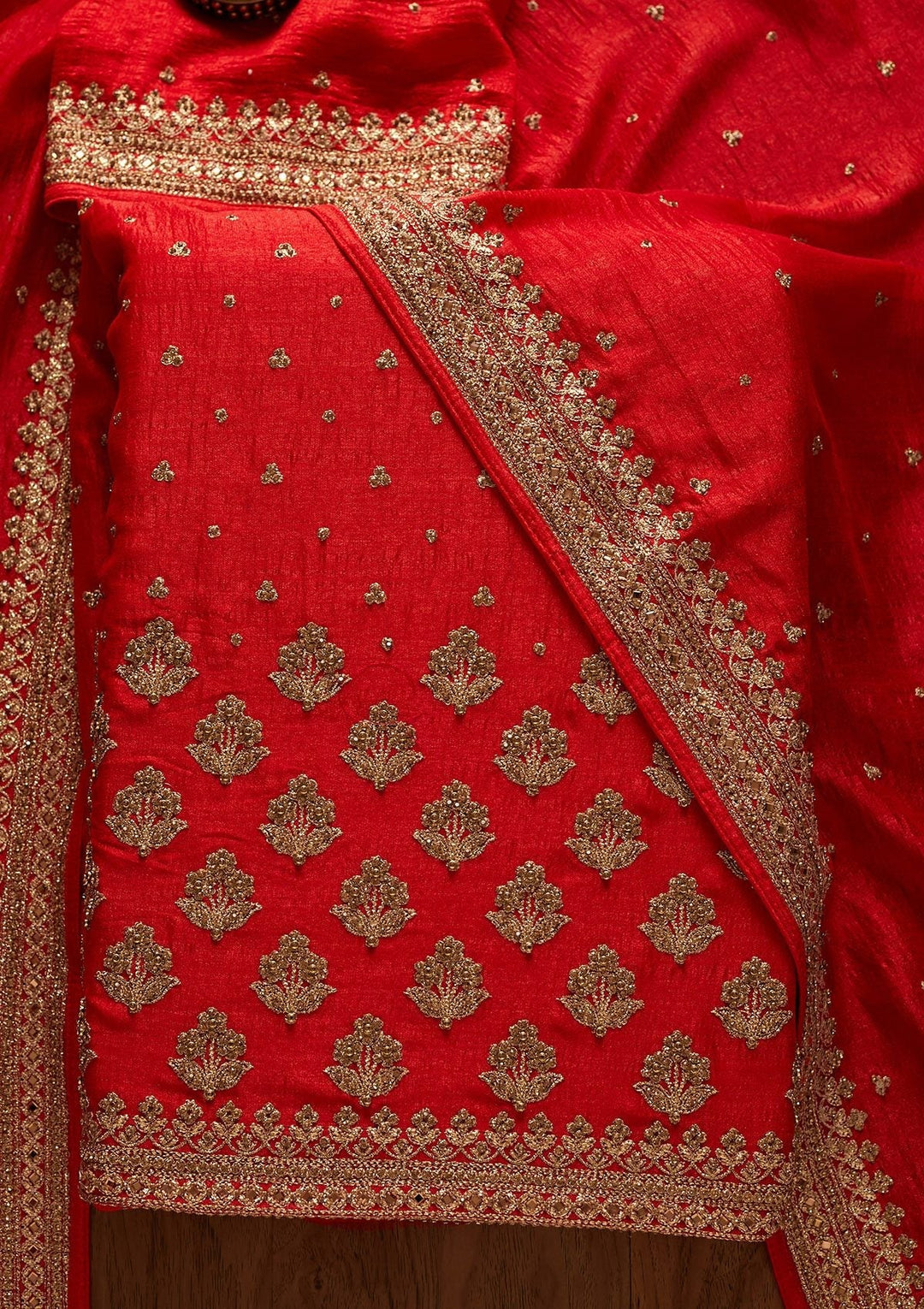 Red Stonework Georgette Designer Unstitched Salwar Suit - koskii