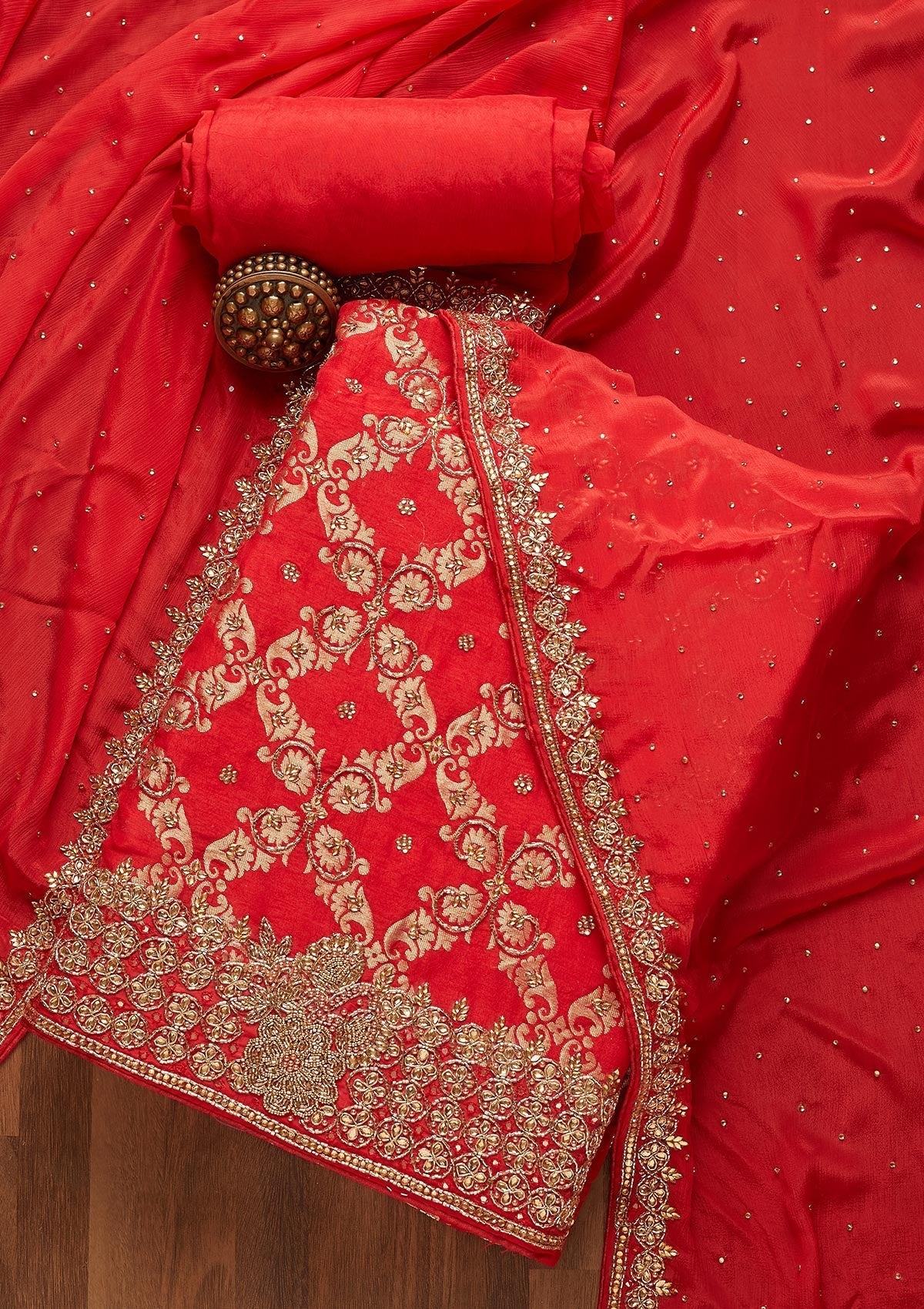 Red Stonework Georgette Unstitched Salwar Suit- Koskii