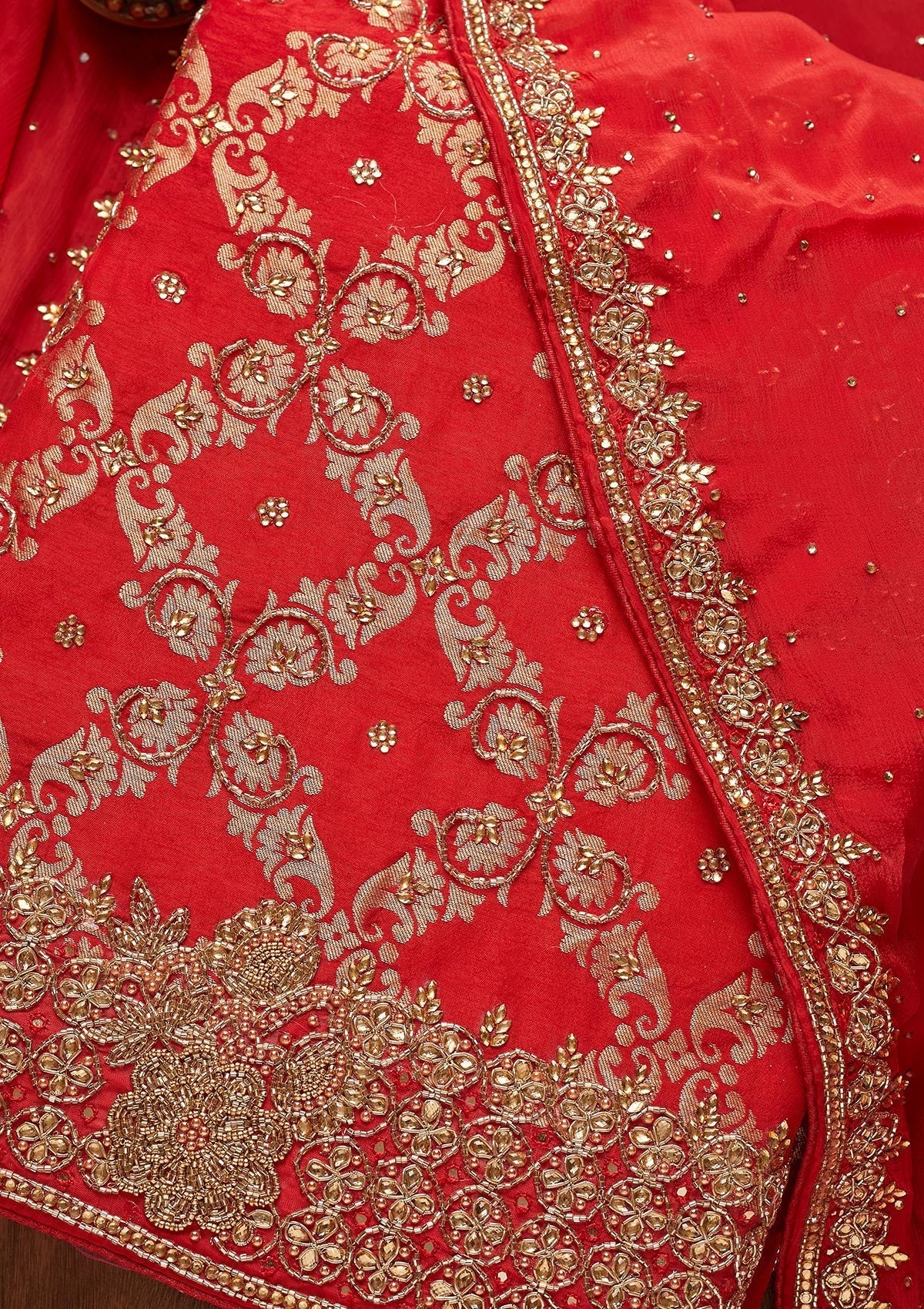 Red Stonework Georgette Unstitched Salwar Suit - Koskii