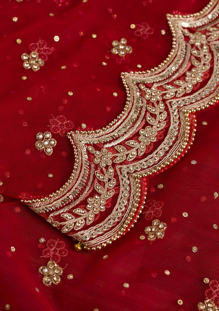 Red Stonework Net Dupatta-Koskii