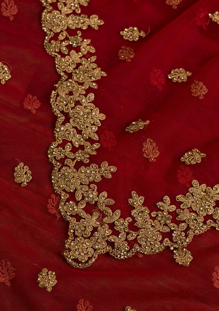 Red Stonework Net Dupatta-Koskii