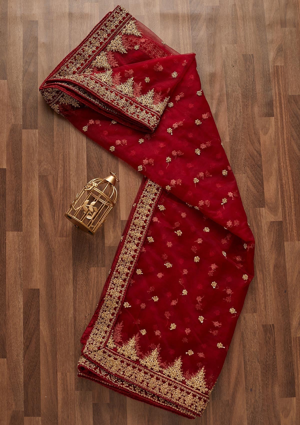 Red Stonework Net Designer Dupatta - Koskii