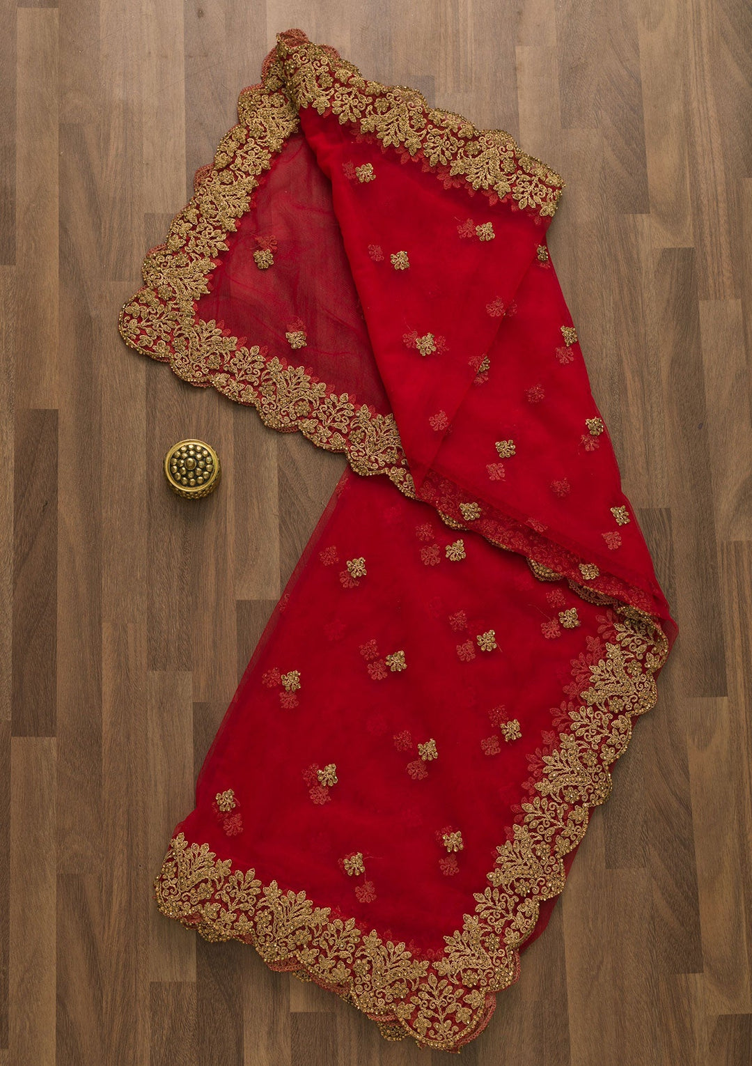 Red Stonework Net Readymade Dupatta-Koskii