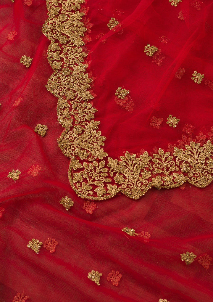 Red Stonework Net Readymade Dupatta-Koskii