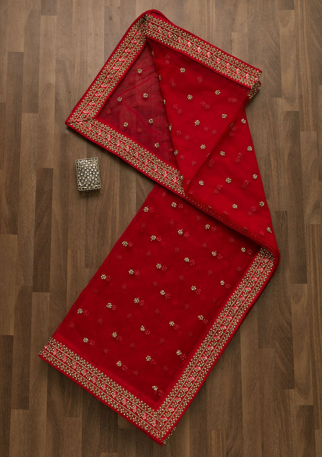 Red Stonework Net Dupatta-Koskii