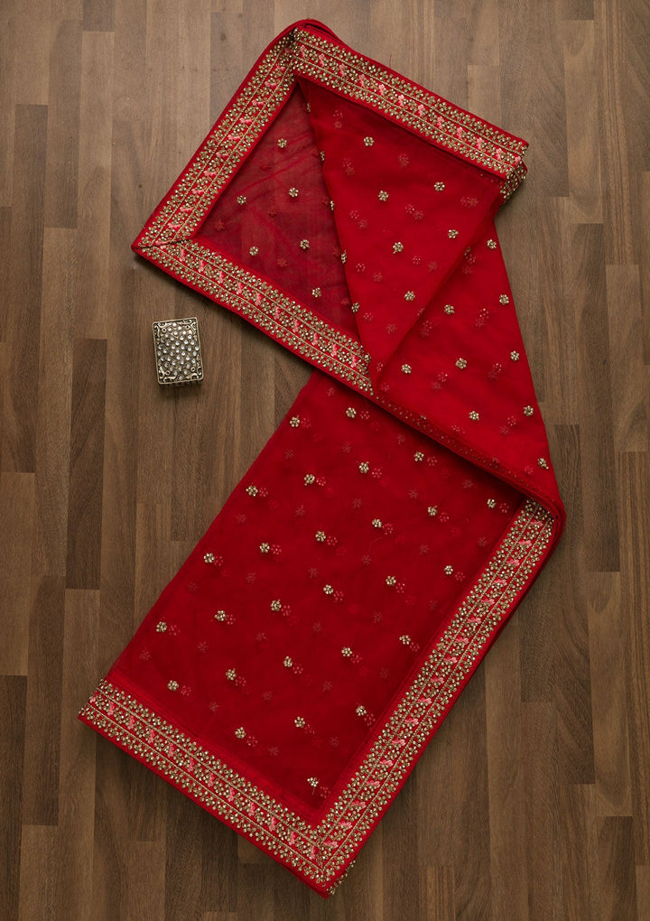 Red Stonework Net Dupatta-Koskii