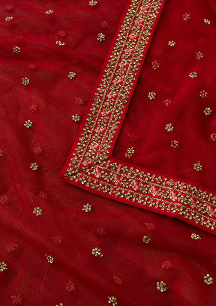 Red Stonework Net Dupatta-Koskii