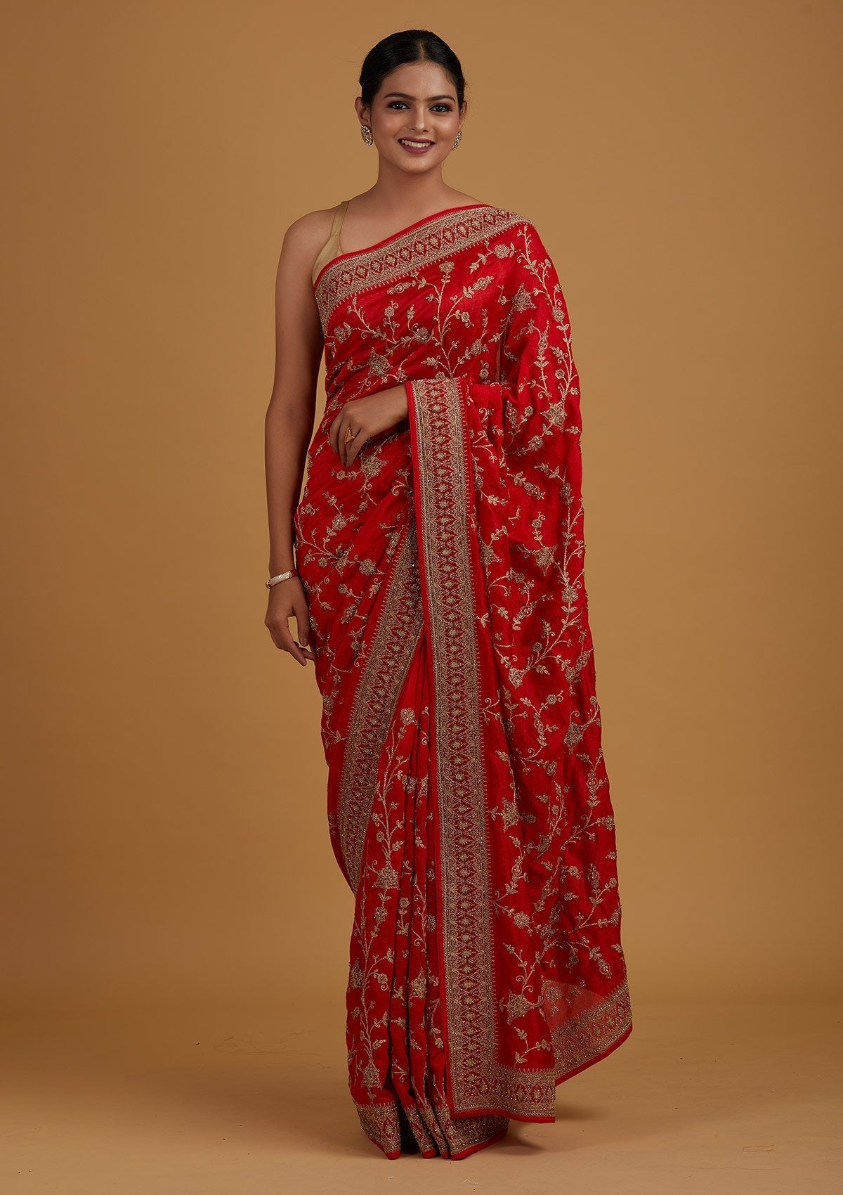 Red Stonework Raw Silk Designer Saree - Koskii